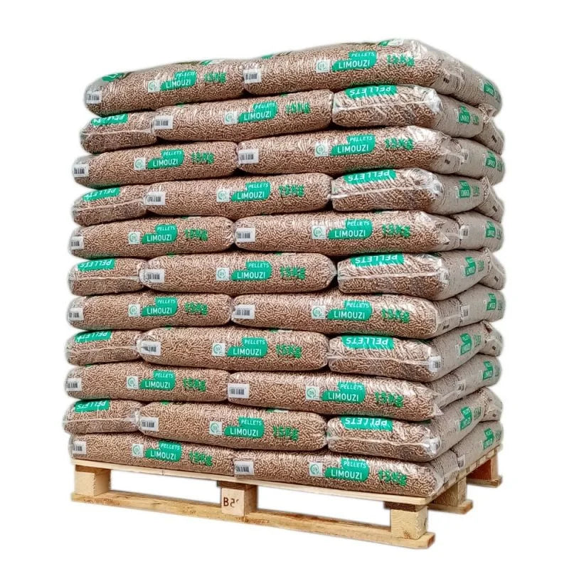 LIMOUZI Pellets de Madeira Certificados 100% Resinosa Palete 66 Sacos x 15 kg Cinza Ultra Baixa ≤ 0,3% Alto Rendimento