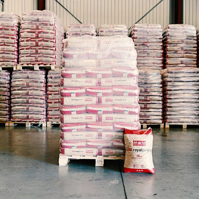 MM ROYAL Pellets de Madeira 100% Natural Certificado Palete 78 Sacos Plásticos x 15 kg Alto Rendimento Térmico