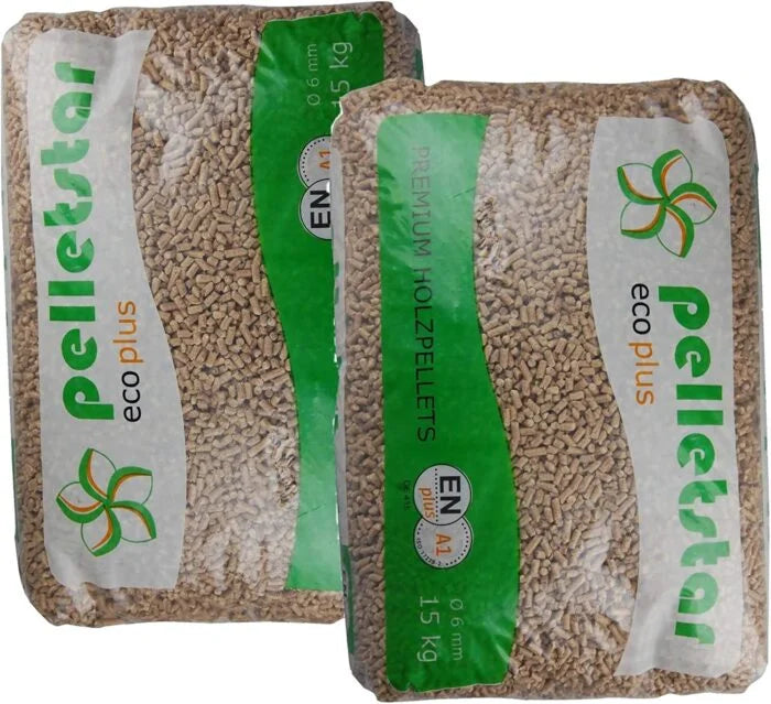 DIN PELLETS Pellets de Madeira Certificados ENplus A1 Palete 65 Sacos x 15 kg Alto Poder Calorífico e Baixa Cinza