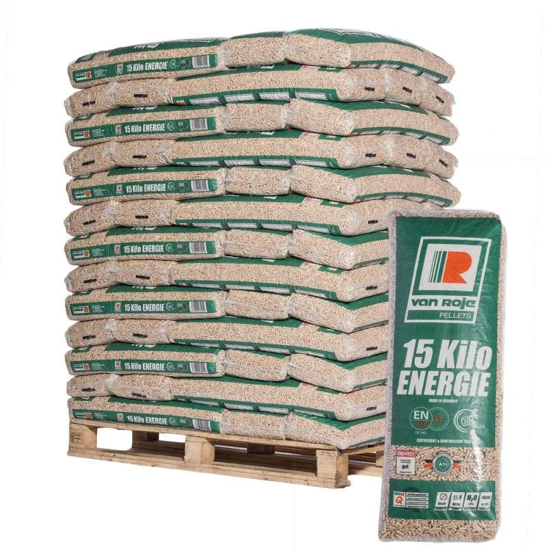 VAN ROJE Pellets de Madeira Abeto Certificados ENplus A1 e DIN Plus Palete 65 Sacos x 15 kg Qualidade Alemã Superior