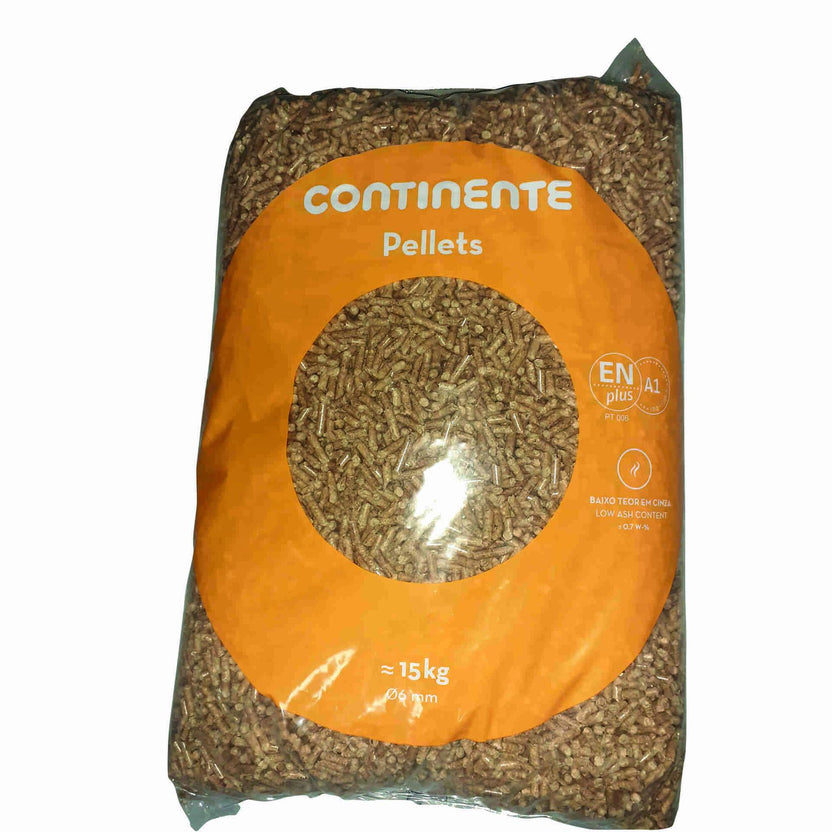 CONTINENTE Pellets de Madeira 100% Natural Certificado ENplus A1 Palete 65 Sacos x 15 kg Alto Poder Calorífico