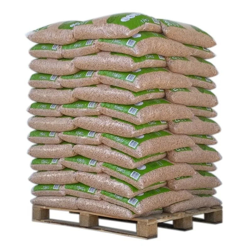 DIN PELLETS Pellets de Madeira Certificados ENplus A1 Palete 65 Sacos x 15 kg Alto Poder Calorífico e Baixa Cinza