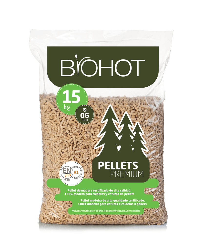 BIOHOT Pellets de Madeira de Pinho Certificados ENplus A1 Palete 65 Sacos x 15 kg Alto Poder Calorífico